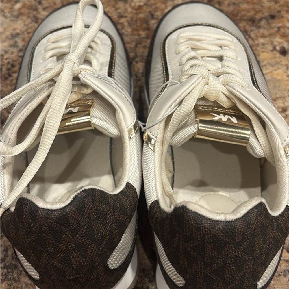 Michael Kors White and Brown Sneakers with Gold Accents - Picture 2 of 3